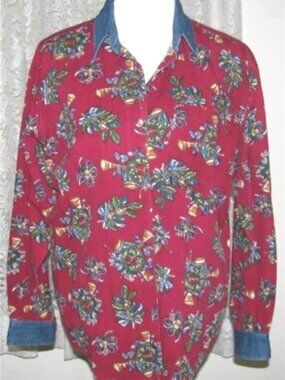 WREATHS on DARK ROSE Cotton with Denim Collar Shirt Size Medium Sun River